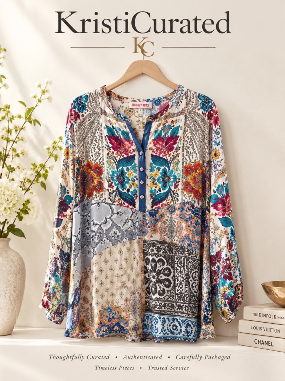 Johnny Was 100% Silk Patchwork Paisley Floral Tunic Top L